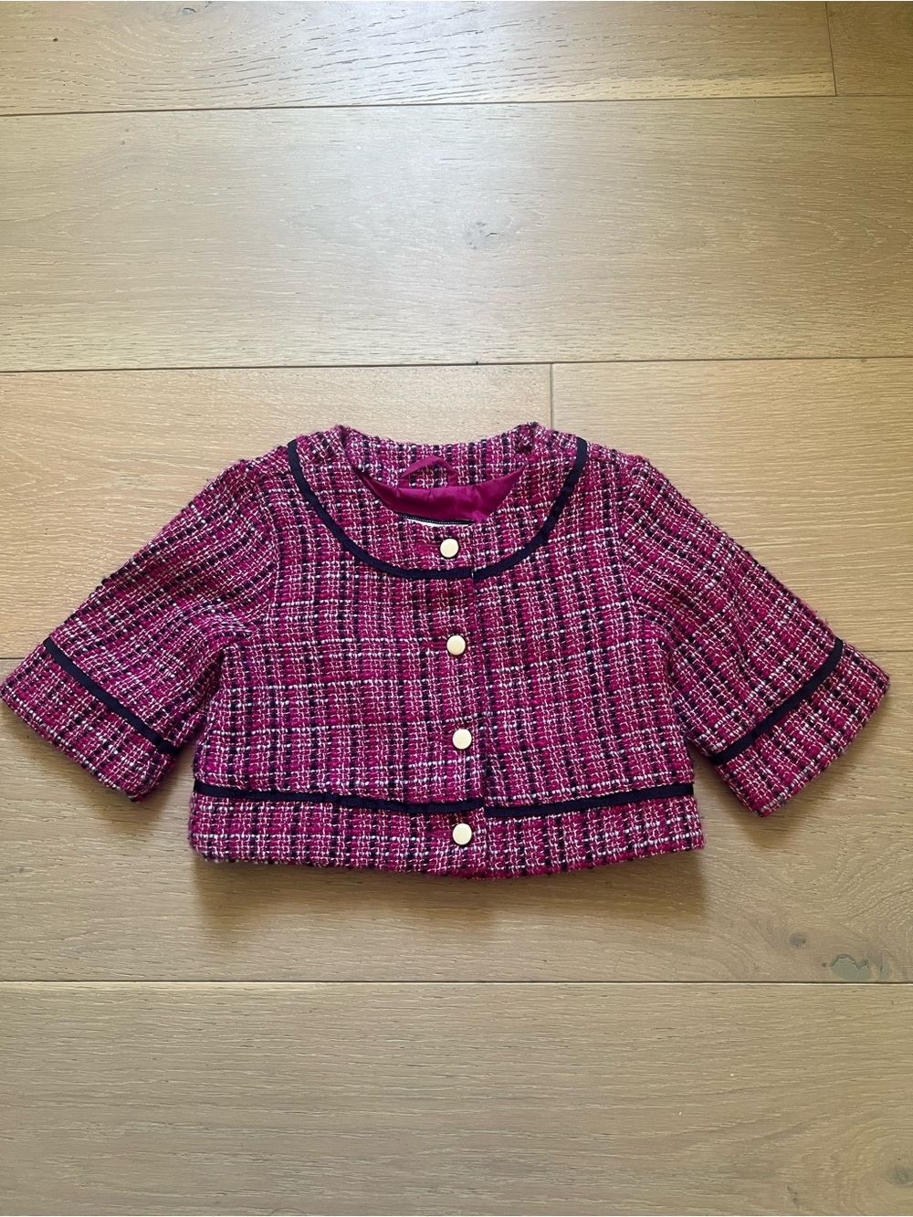 Janie and Jack Pink Tweed Cropped Blazer with Navy Trim